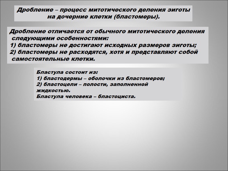Дробление отличается от обычного митотического деления  следующими особенностями: 1) бластомеры не достигают исходных